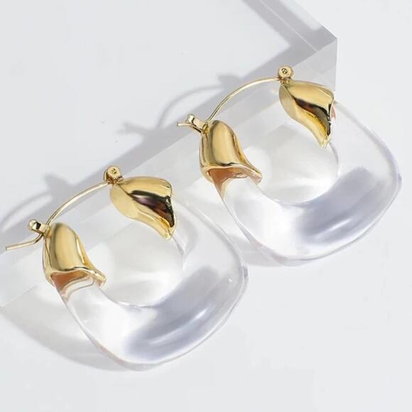 Anthropologie Organic Lucite Hoop Earrings Clear Acrylic Gold N06 - Picture 3 of 6